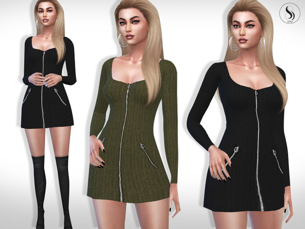 Sims 4 Front Zip Long Sleeve Knit Dress by Saliwa at TSR