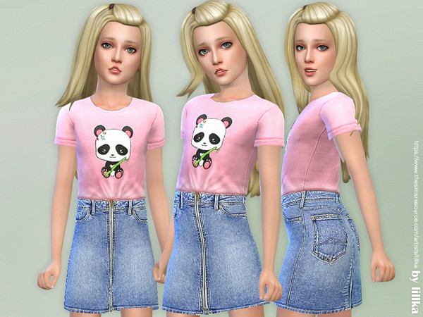 Sims 4 Panda Tee with Denim Skirt by lillka at TSR