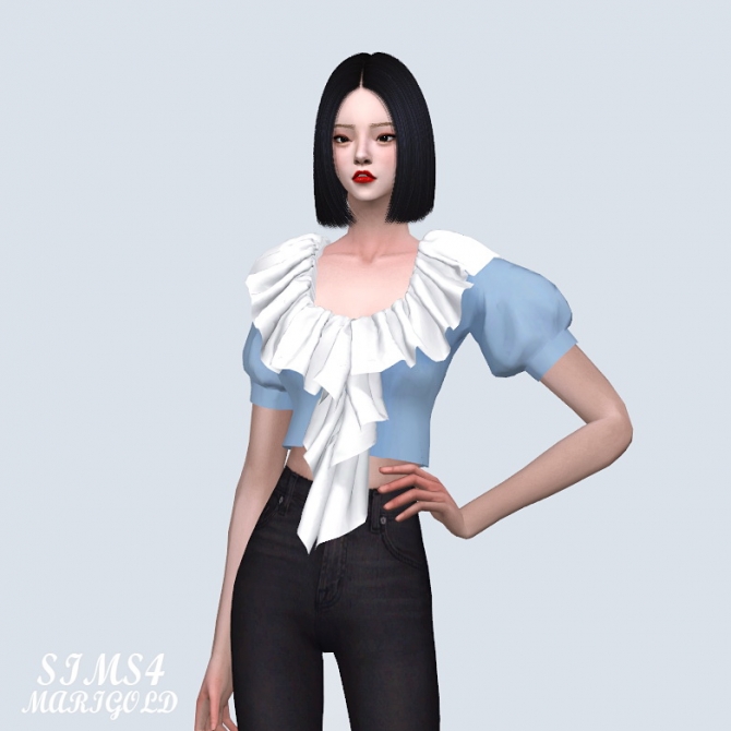 Frill Neck Puff Sleeves Blouse at Marigold » Sims 4 Updates