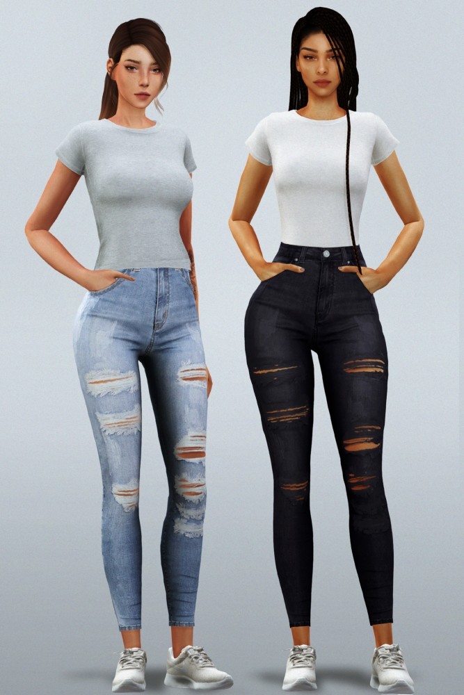 Sims 4 Basic Tee + Tucked in & Ripped Skinny Jeans at Elliesimple