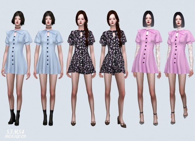 Sims 4 Puff Sleeves Ribbon Dress (P) at Marigold