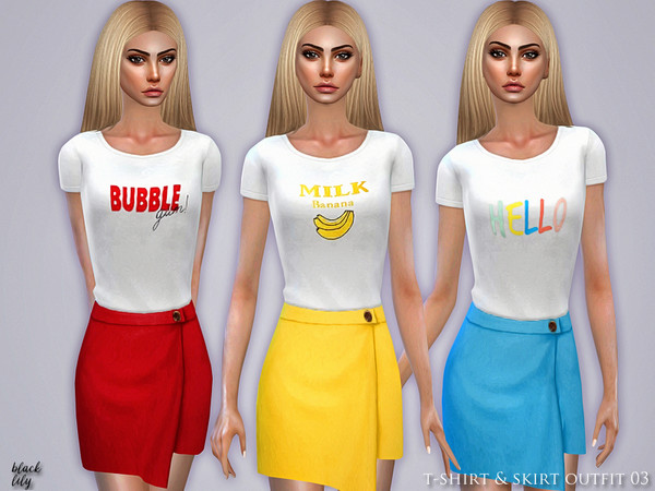 Sims 4 T Shirt & Skirt Outfit 03 by Black Lily at TSR