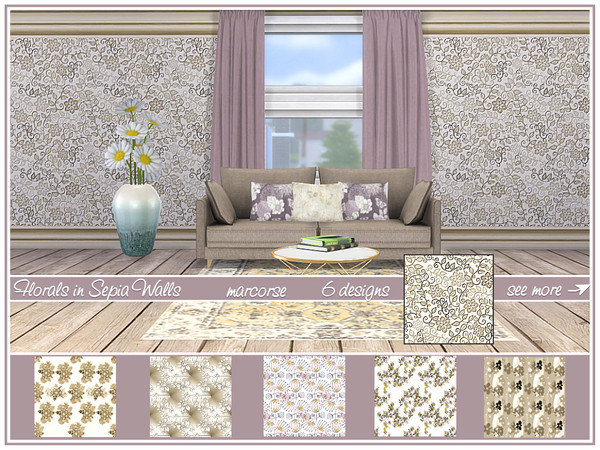 Sims 4 Florals in Sepia Walls by marcorse at TSR