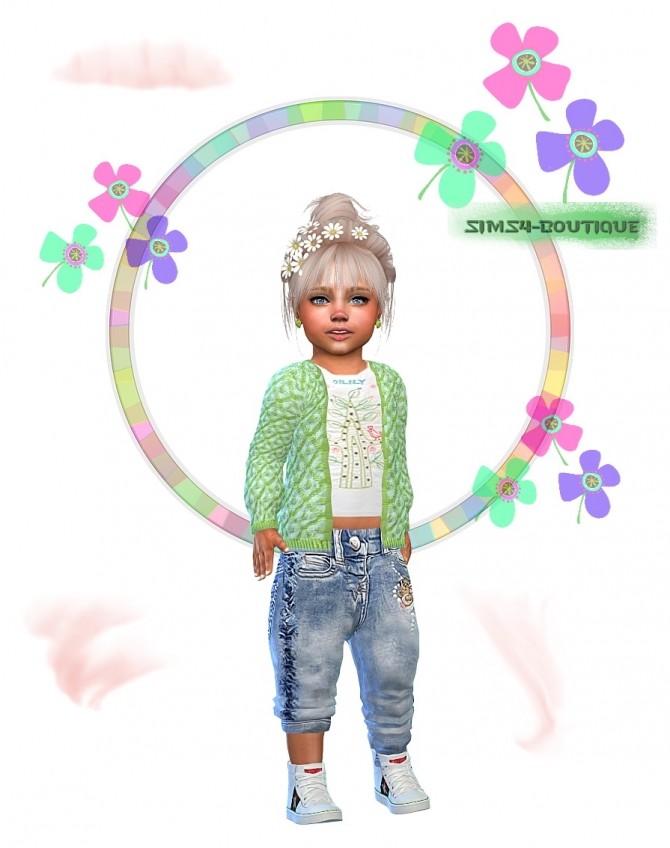 Sims 4 Designer Set: Jacket, Jeans, Sneakers, Top & Hairflower at Sims4 Boutique