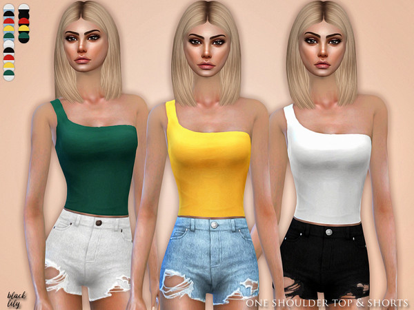 Sims 4 One Shoulder Top & Shorts by Black Lily at TSR