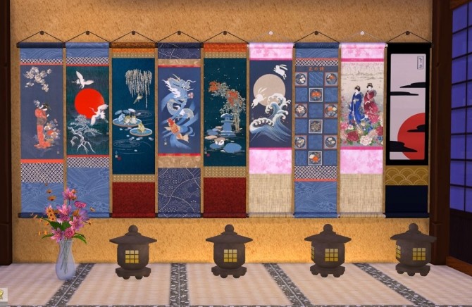 Sims 4 Japanese Noren Panels 8 Wall Hanging Scrolls Set 1 by porkypine at Mod The Sims