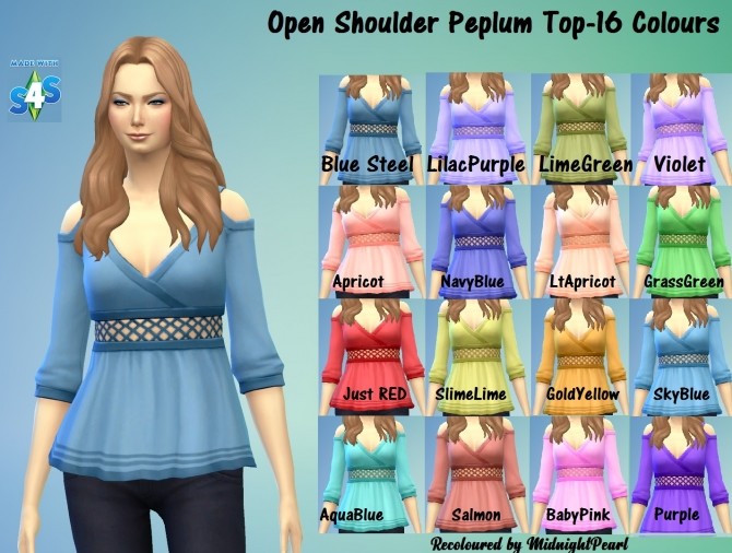 Sims 4 GP07 Open Shoulder Peplum Top 16 Colours by wendy35pearly at Mod The Sims