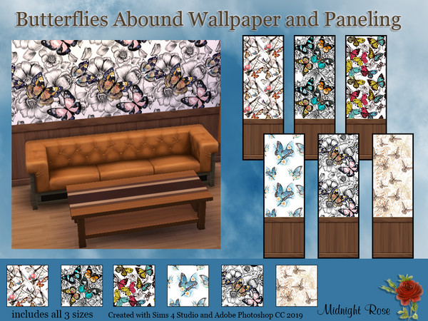Sims 4 Butterflies Abound wallpapers over paneling by MidnightRose at TSR