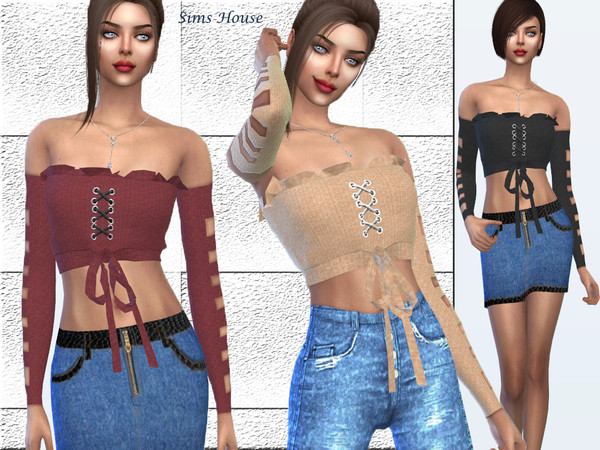 Sims 4 Crop top with long sleeves by Sims House at TSR