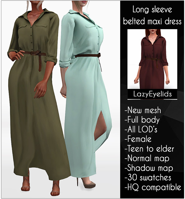 Sims 4 Long sleeve belted maxi dress at LazyEyelids