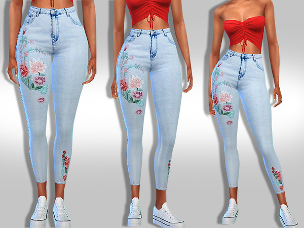 Sims 4 Floral Skinny Fit Jeans by Saliwa at TSR