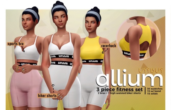 Sims 4 ALLIUM 3 piece fitness set (2 bras + biker shorts) at Viiavi