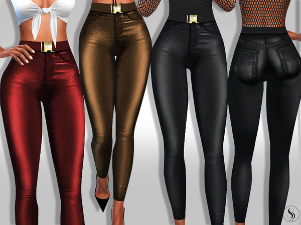 Sims 4 Leather Metallic Skinny Pants With Belt by Saliwa at TSR