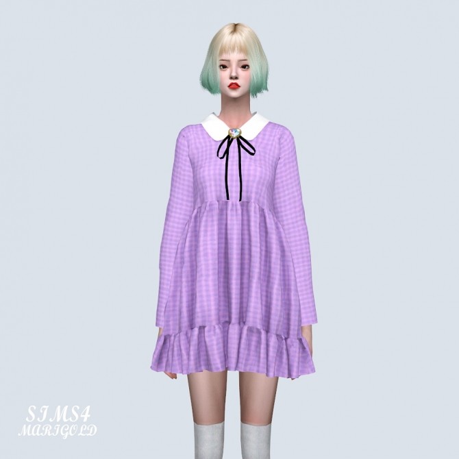 Sims 4 Brooch Bow Frill Shirt Mini Dress (P) at Marigold