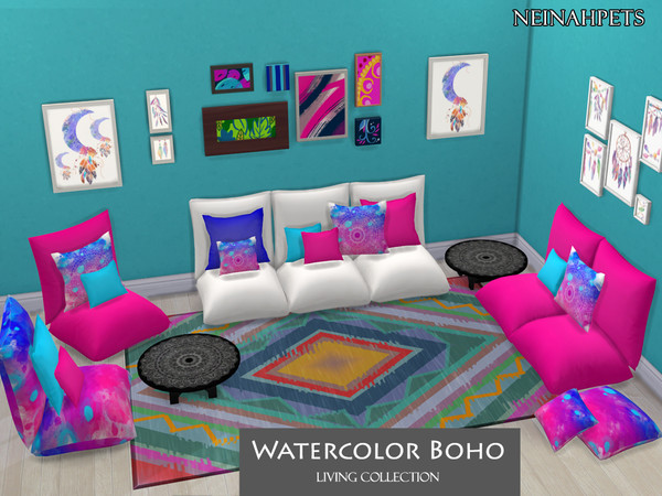 Sims 4 Watercolor Boho Living Collection by neinahpets at TSR