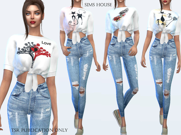 Sims 4 White print t shirt by Sims House at TSR