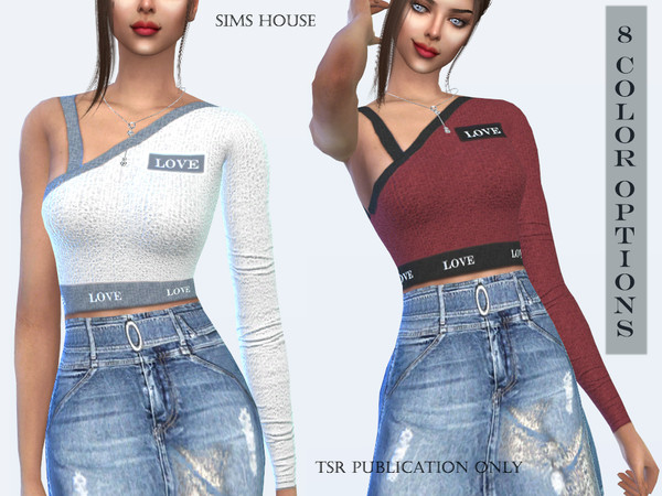 Sims 4 Asymmetrical top with one sleeve Love by Sims House at TSR