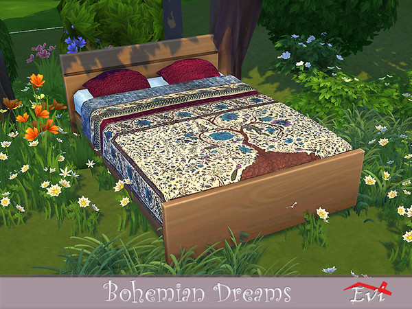 Sims 4 Bohemian Dreams bed by evi at TSR