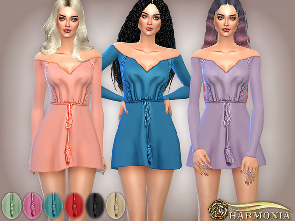 Sims 4 Off Shoulder Lace trim Boho Dress by Harmonia at TSR