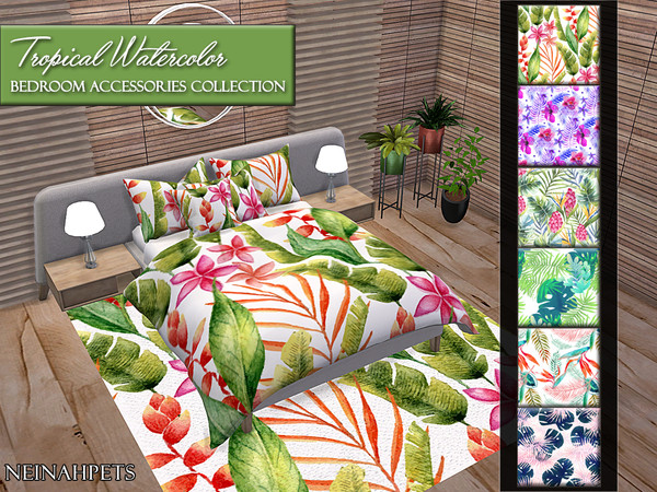Sims 4 Tropical Watercolor Bedroom Accessories by neinahpets at TSR