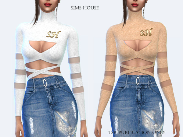 Sims 4 Top with translucent inserts on the sleeves by Sims House at TSR