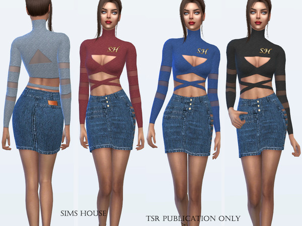 Sims 4 Top with translucent inserts on the sleeves by Sims House at TSR