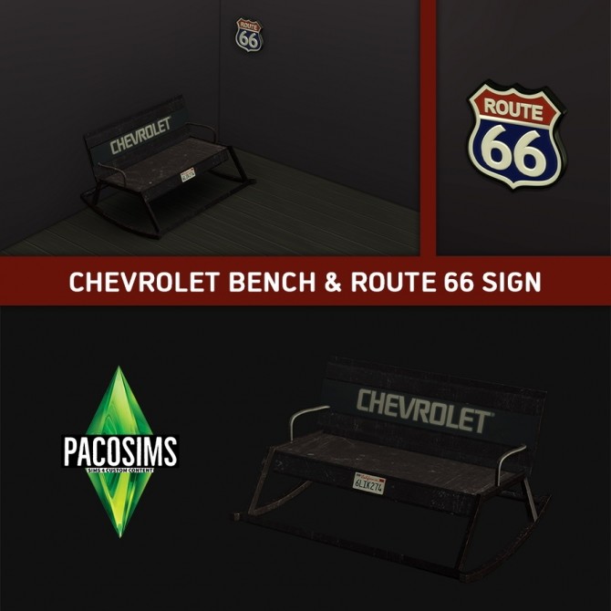 Sims 4 CHEVROLET BENCH & ROUTE 66 SIGN (P) at Paco Sims