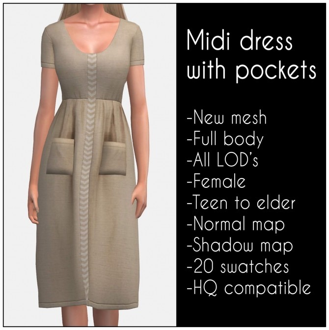 Sims 4 Midi dress with pockets at LazyEyelids