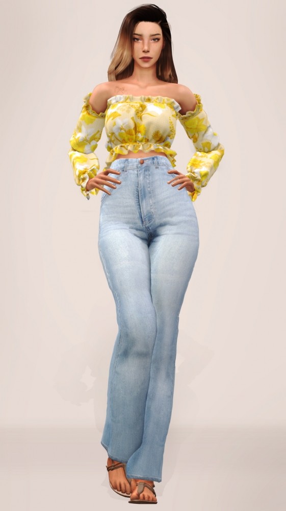 Sims 4 Summer Waist Top & High Waist Wide Jeans at Elliesimple