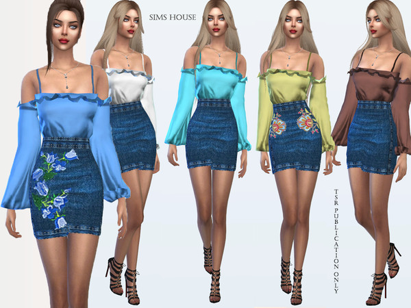 Sims 4 Silk blouse denim skirt by Sims House at TSR