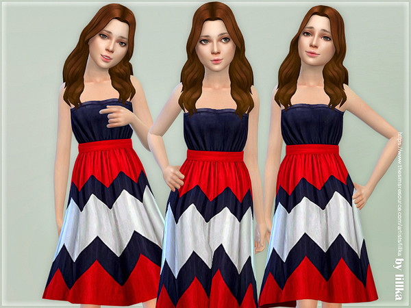 Sims 4 Blue & Red Zig Zag Dress by lillka at TSR