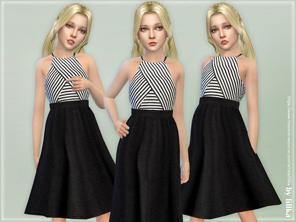 Sims 4 Striped White & Black Dress by lillka at TSR