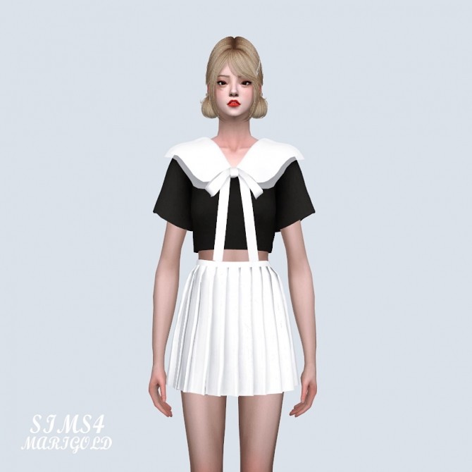 Sims 4 Double Big Collar Crop Top With Bow (P) at Marigold