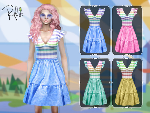 Sims 4 Stripe Ruffle Dress by RobertaPLobo at TSR