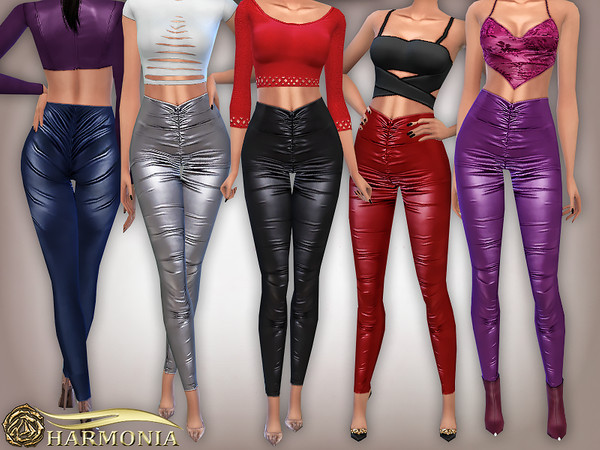 Sims 4 Faux Leather Coated Ruched Side Leggings by Harmonia at TSR