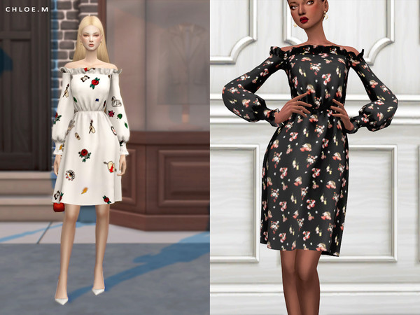 Sims 4 Off the Shoulder Dress by ChloeMMM at TSR