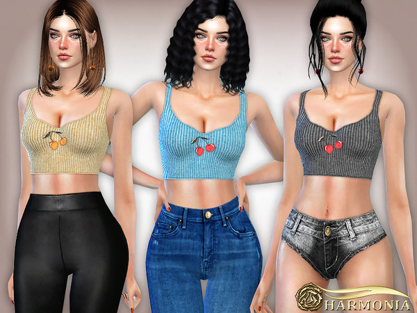 Sims 4 Embroidered Cherry Rib Crop Top by Harmonia at TSR