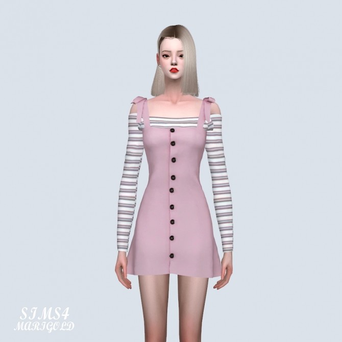 Sims 4 Ribbon Strap Button Mini Dress Off shoulder T (P) at Marigold