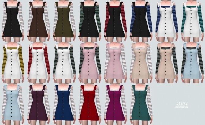 Sims 4 Ribbon Strap Button Mini Dress Off shoulder T (P) at Marigold