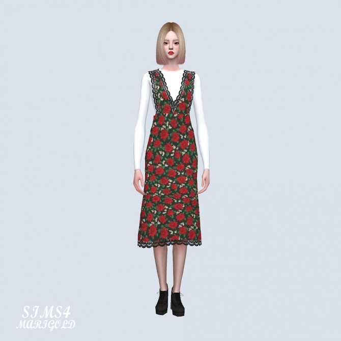 Sims 4 Lace Point Long Dress With T Flower V (P) at Marigold