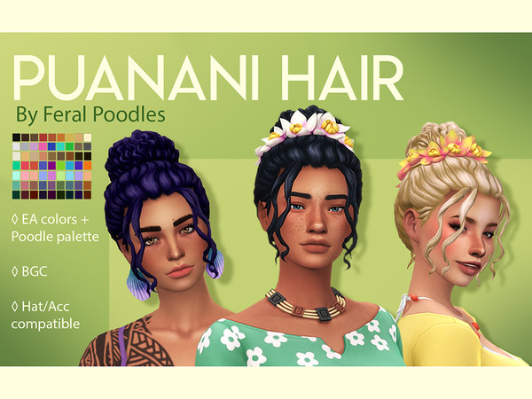 Sims 4 Puanani Hair w/ Flower Crown by feralpoodles at TSR
