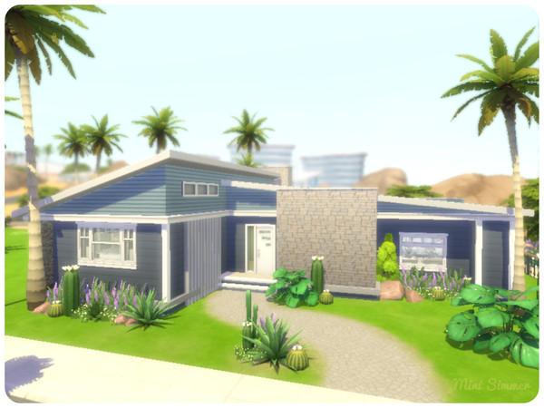 Sims 4 Blue Mid century Modern home by Mini Simmer at TSR