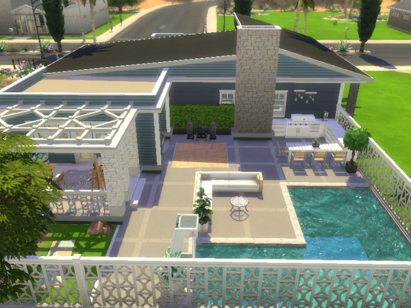 Sims 4 Blue Mid century Modern home by Mini Simmer at TSR