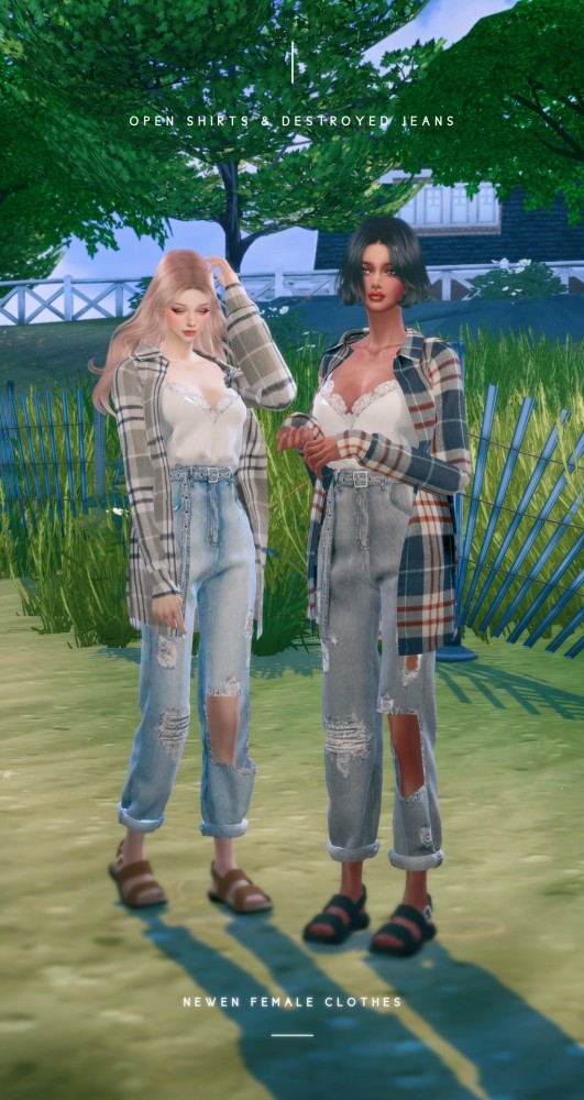 Sims 4 Open Oversized Shirts + Belt Destroyed Jeans at NEWEN