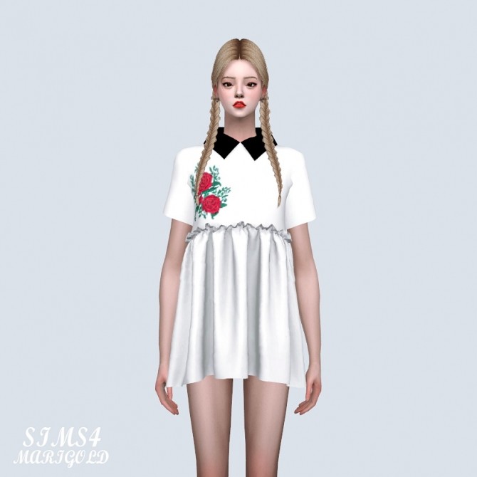 Embroidery Babydoll Mini Dress With Collar (P) at Marigold » Sims 4 Updates