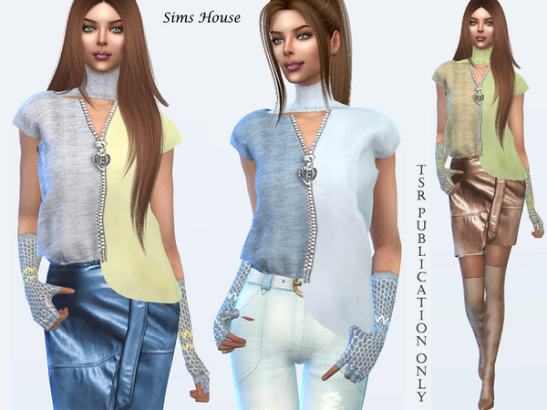 Sims 4 Blouse with zippers and mitts by Sims House at TSR