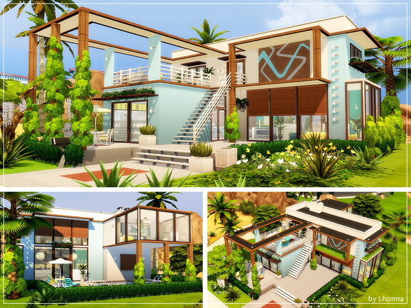 Sims 4 Blue and Brown contemporary house by Lhonna at TSR