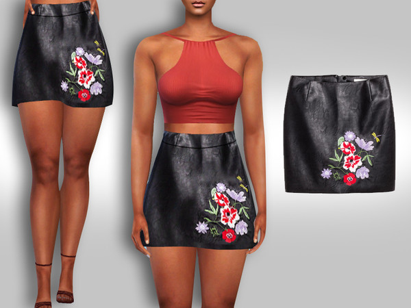 Sims 4 Floral Leather Mini Skirt by Saliwa at TSR