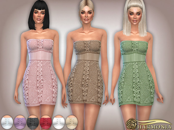 Sims 4 Strapless Lace up lace knit Dress by Harmonia at TSR