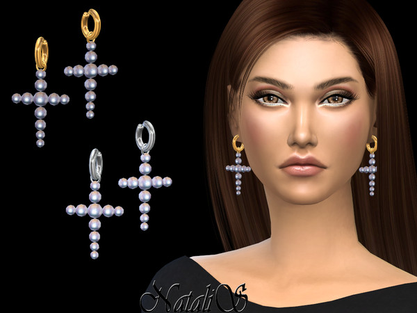 Sims 4 Pearl cross drop earrings by NataliS at TSR